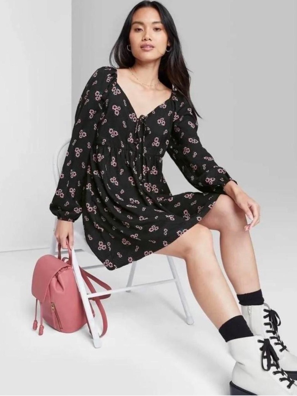 wild fable Black Mini Dress with Pink Floral Print